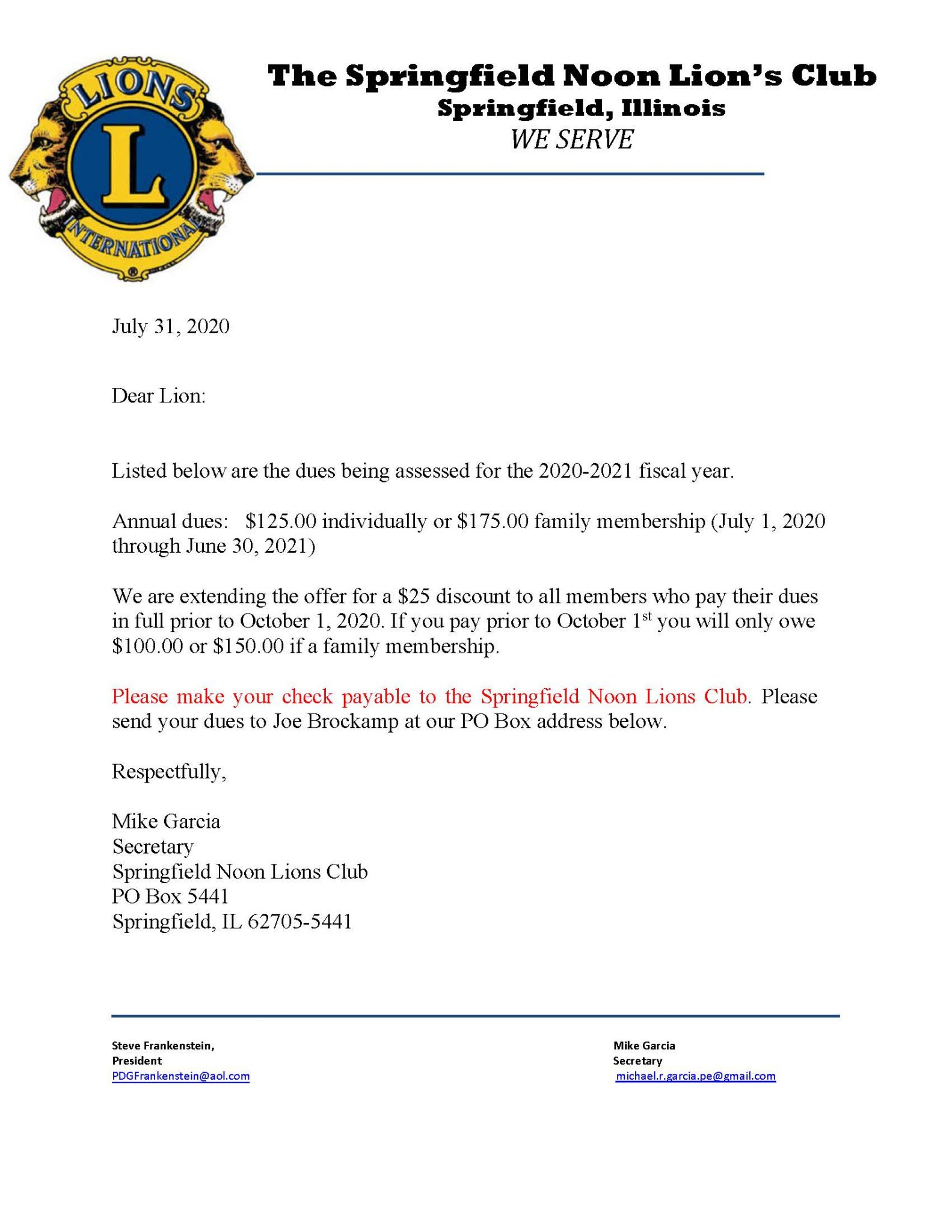 Snlc dues are due springfield noon lions club